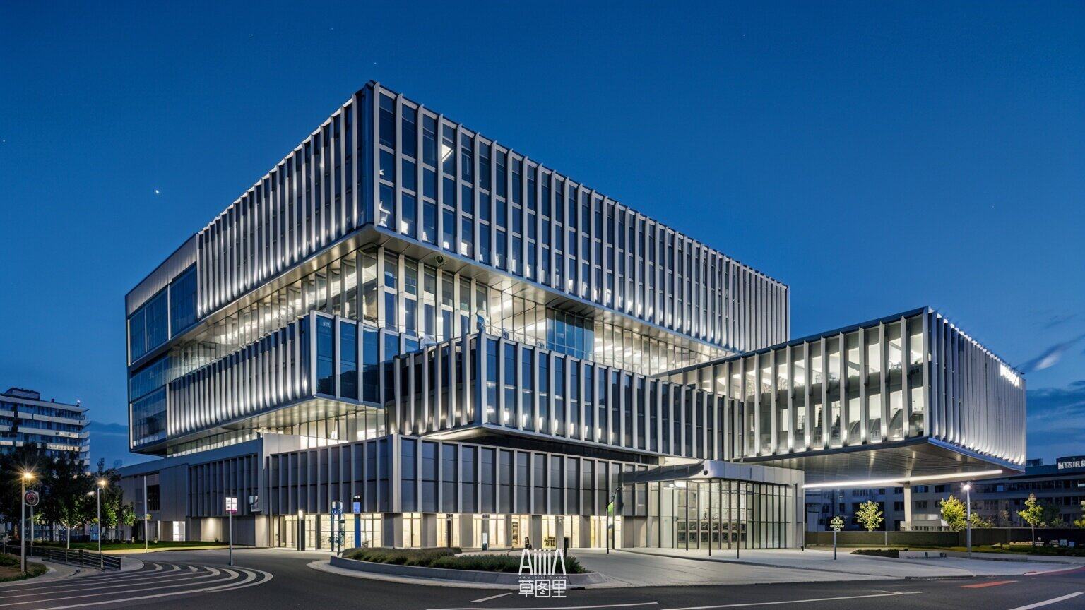 现代极简风格，酒店建筑，灯光，室外，玻璃，景观